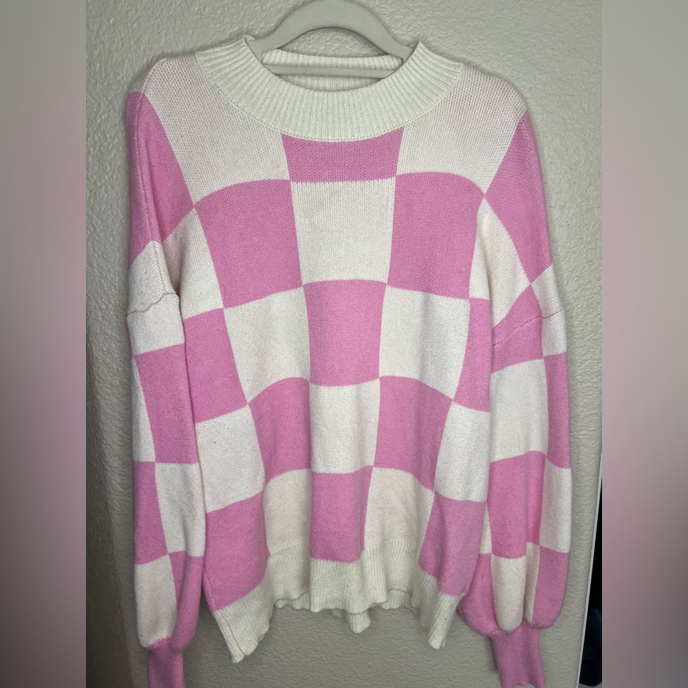 Pink and White Checkered Sweater